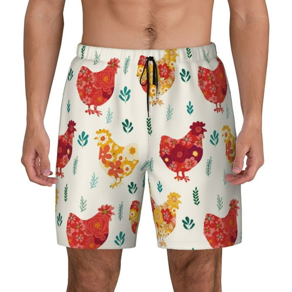 Haiem Flower Chicken Mens Swim Trunks with Compression Liner 2 in 1 Swimming Shorts Stretch Swimwear Quick Dry,Board Shorts-XX-Large