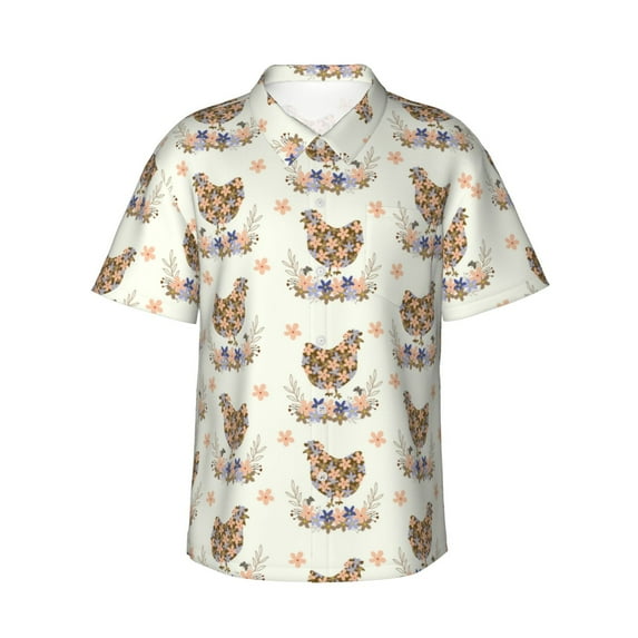 Haiem Flower Chicken Printed Hawaiian Shirt for Men - Men’s Casual Beach Summer Shirts - Stretch Fabric with Modern Fit-Large