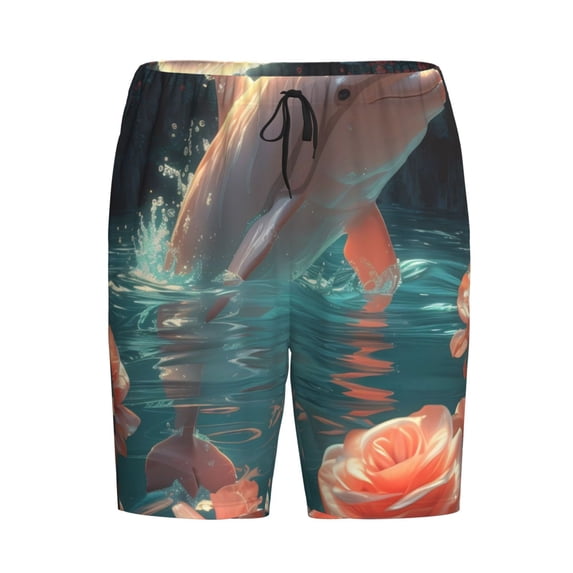 Haiem Flower White Dolphin Men's Pajama Short with Soft Woven Cotton Elastic Waistband Sleep Short-Small