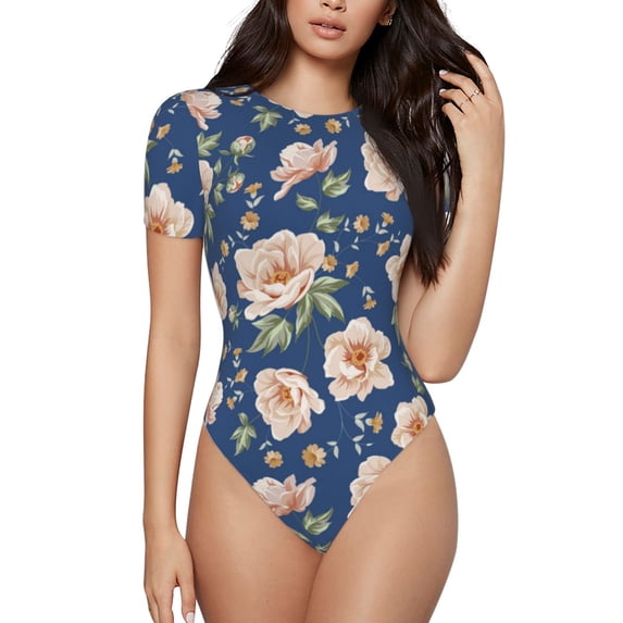 Haiem Flower Women's Crew Neck Short Sleeve Bodysuit Tops Stretchy Slim Basic-Large