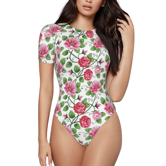 Haiem Flower Women's Crew Neck Short Sleeve Bodysuit Tops Stretchy Slim Basic-XX-Large