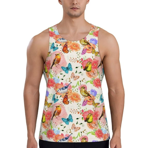 Haiem Flowers And Birds Watercolor Men Workout Tank Top Gym Bodybuilding Sleeveless Muscle T Shirts Athletic Tank Breathable Workout Shirt-4X-Large