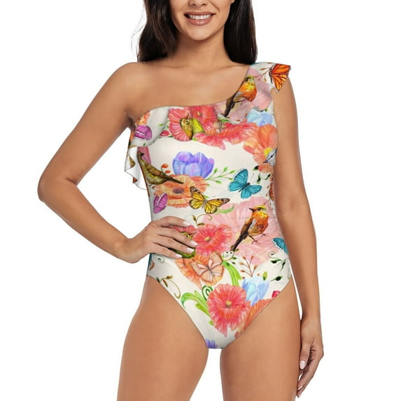 Haiem Flowers And Birds Watercolor Women's One Piece Swimsuits Tummy Control One Shoulder Bathing Suits Ruffle Swimwear-Large