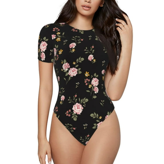Haiem Flowers Women's Crew Neck Short Sleeve Bodysuit Tops Stretchy Slim Basic-Medium