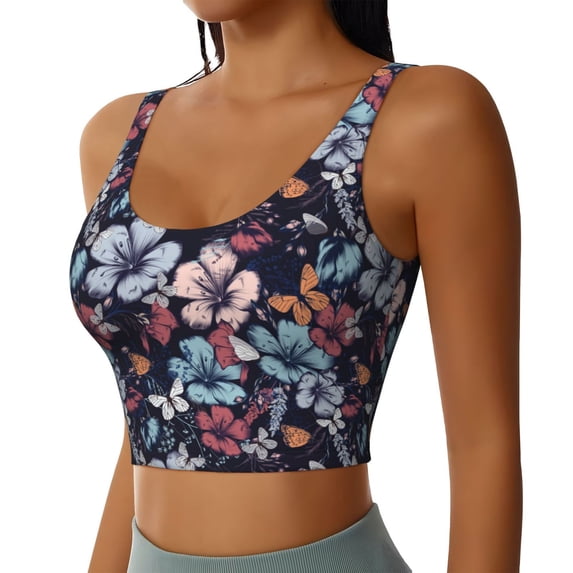 Haiem Flowers ad Butterflies Pattern Womens Sports Bra - U Neck Padded Low Impact Yoga Bra Workout Crop Top Gym Moisture-Wicking Workout Vest -Large
