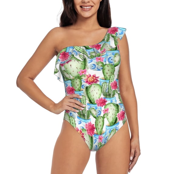Haiem Flowers and Cactus Women's One Piece Swimsuits Tummy Control One Shoulder Bathing Suits Ruffle Swimwear-XX-Large