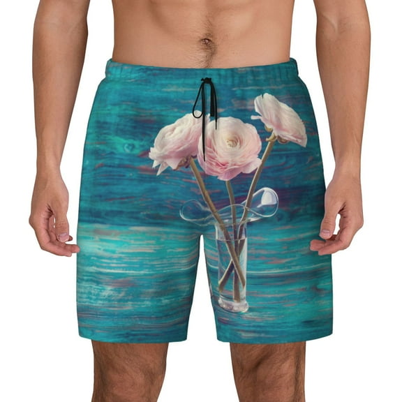 Haiem Flowers in Glass Vase Mens Swim Trunks with Compression Liner 2 in 1 Swimming Shorts Stretch Swimwear Quick Dry,Board Shorts-Small