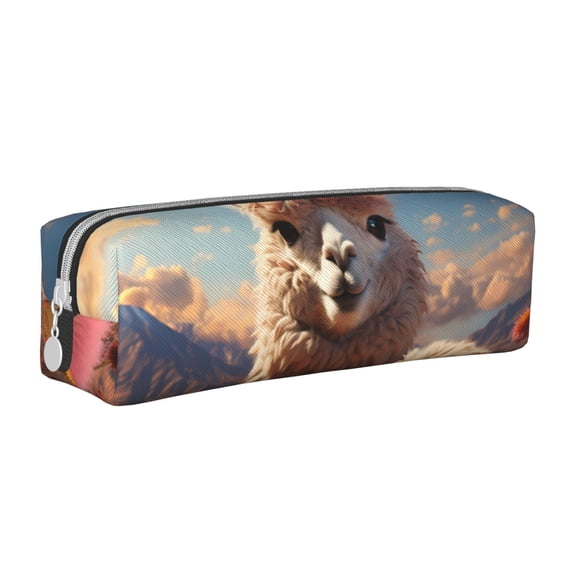 Haiem Fluffy Alpaca Mountain Meadow Print Leather Pencil Case Art Supplies Case Zipper Pencil Pouch Stationery Storage Pencil Bag