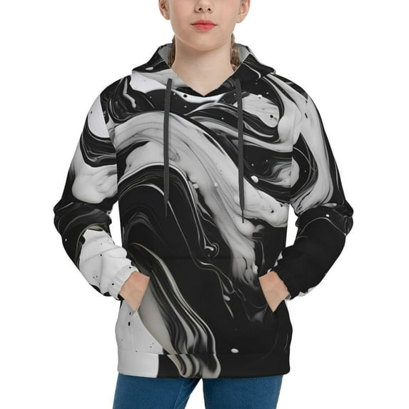 Haiem Fluid Black White Paint Swirls Pattern Boys Hoodie, Youth Pullover Hooded Sweatshirt, Kangaroo Pocket Hoodie for Kids Girls -Small