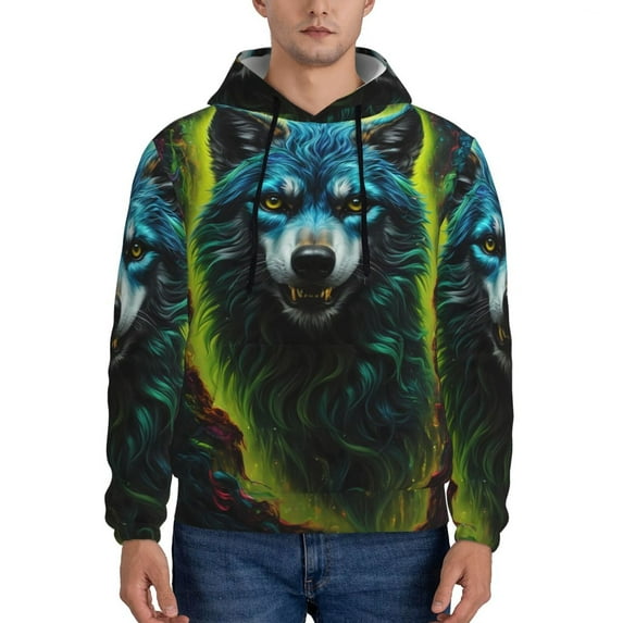Haiem Fluorescent Wolf Patterned Men's Hoodie with Kangaroo Pocket - Ideal Pullover Sweatshirt for Daily Wear, Travel, and Home-Large