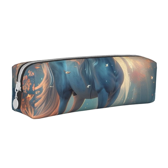 Haiem Forest Lake White Horse Print Leather Pencil Case Art Supplies Case Zipper Pencil Pouch Stationery Storage Pencil Bag