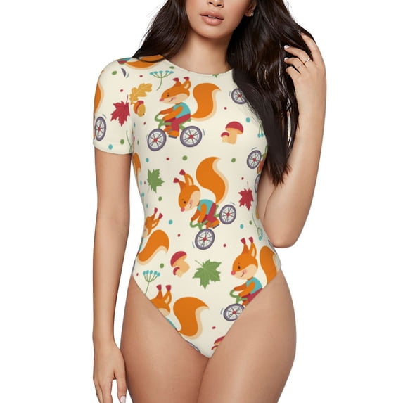 Haiem Forest Squirrel Women's Crew Neck Short Sleeve Bodysuit Tops Stretchy Slim Basic-Medium