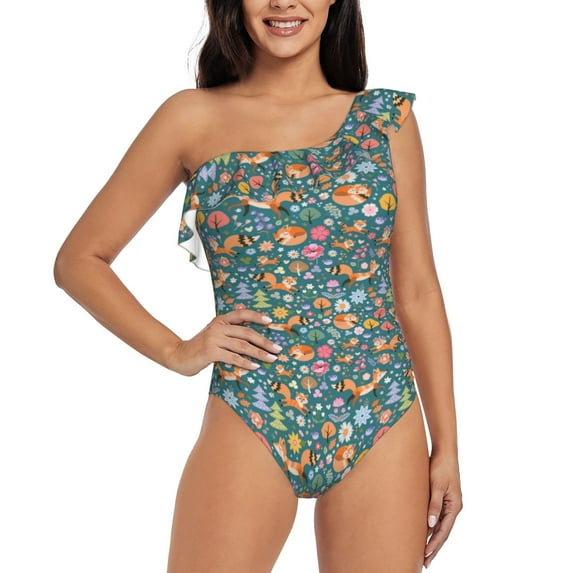 Haiem Foxes and Birds in Forest Women's One Piece Swimsuits Tummy Control One Shoulder Bathing Suits Ruffle Swimwear-Large
