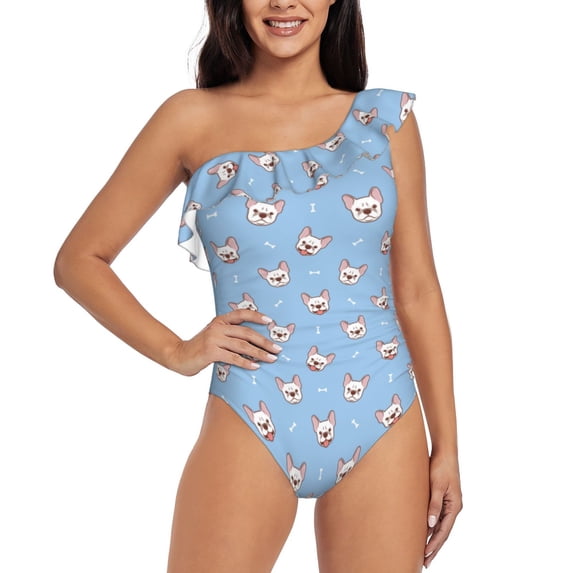 Haiem French Bulldog Head Women's One Piece Swimsuits Tummy Control One Shoulder Bathing Suits Ruffle Swimwear-Small