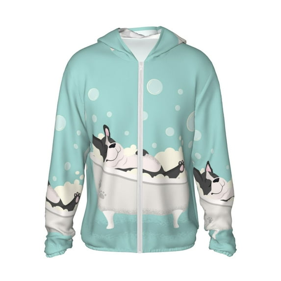 Haiem French Bulldog Taking a Bath UPF 50+ Fishing Shirts for Men Long Sleeve UV Sun Protection Hoodie Non-Mask Outdoor Hiking Shirts