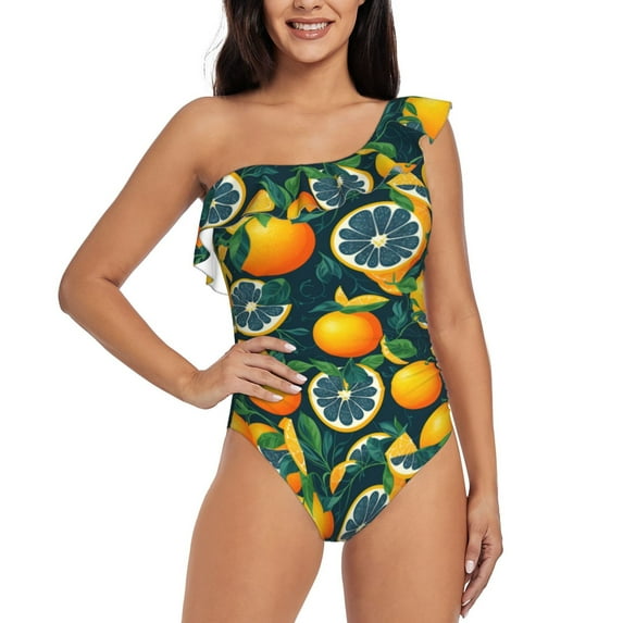 Haiem Fresh Orange Women's One Piece Swimsuits Tummy Control One Shoulder Bathing Suits Ruffle Swimwear-Small