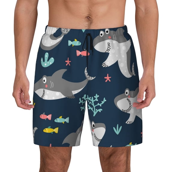 Haiem Friendly Smiling Sharks Mens Swim Trunks with Compression Liner 2 in 1 Swimming Shorts Stretch Swimwear Quick Dry,Board Shorts-XX-Large