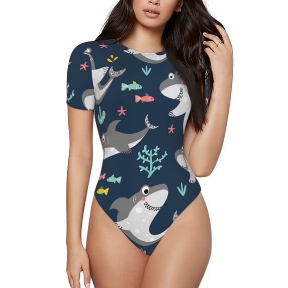 Haiem Friendly Smiling Sharks Women's Crew Neck Short Sleeve Bodysuit Tops Stretchy Slim Basic-Medium