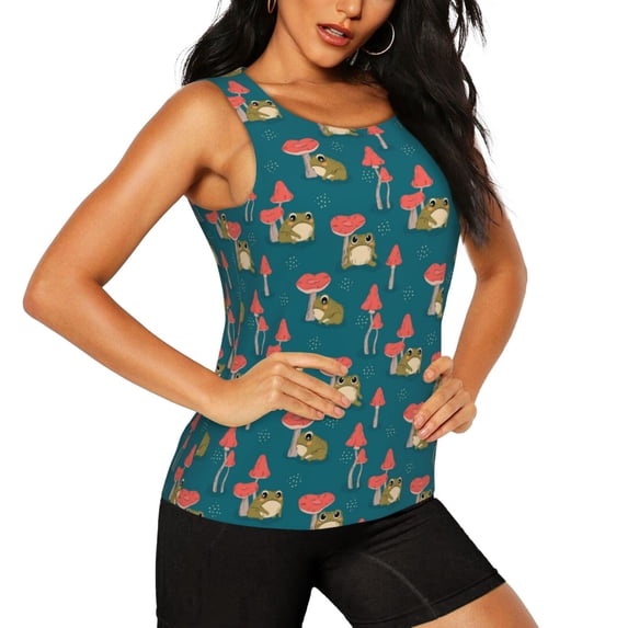 Haiem Frog and Mushrooms Workout Tank Tops for Women, Athletic Sports Slim-Fit Tank Tops, Compression Sleeveless Dry Fit Shirts,Athletic Shirt-XX-Large