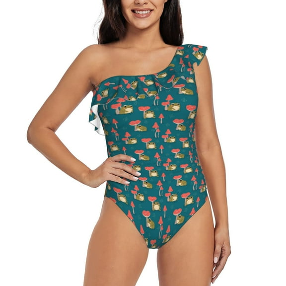 Haiem Frog and Mushrooms Women's One Piece Swimsuits Tummy Control One Shoulder Bathing Suits Ruffle Swimwear-X-Large
