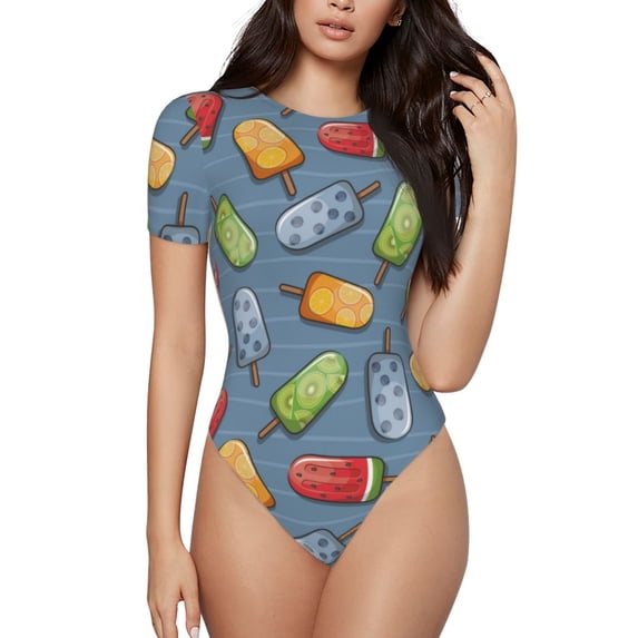 Haiem Fruit Ice Cream Women's Crew Neck Short Sleeve Bodysuit Tops Stretchy Slim Basic-XX-Large