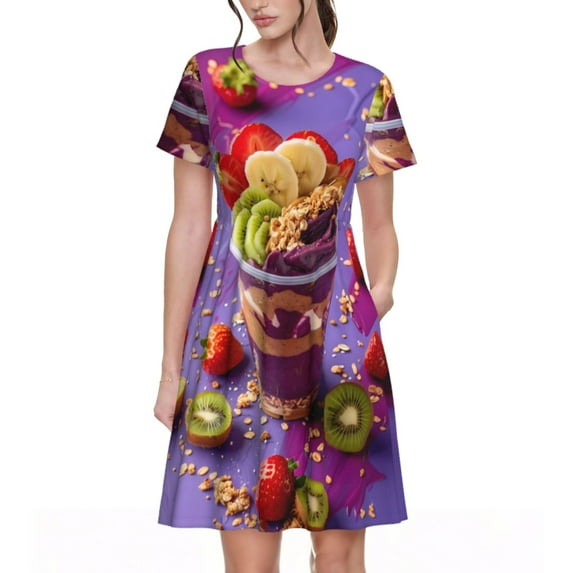 Haiem Fruit Parfait Colorful Pattern Women's Short-Sleeve Scoop Neck Swing Dress