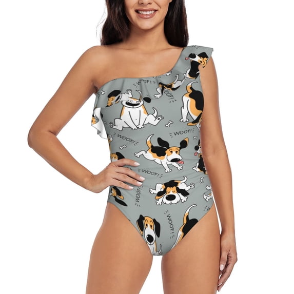 Haiem Funny Beagle Active Dog Women's One Piece Swimsuits Tummy Control One Shoulder Bathing Suits Ruffle Swimwear-XX-Large