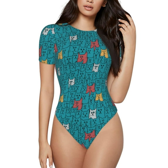 Haiem Funny Cat Blue Women's Crew Neck Short Sleeve Bodysuit Tops Stretchy Slim Basic-XX-Large