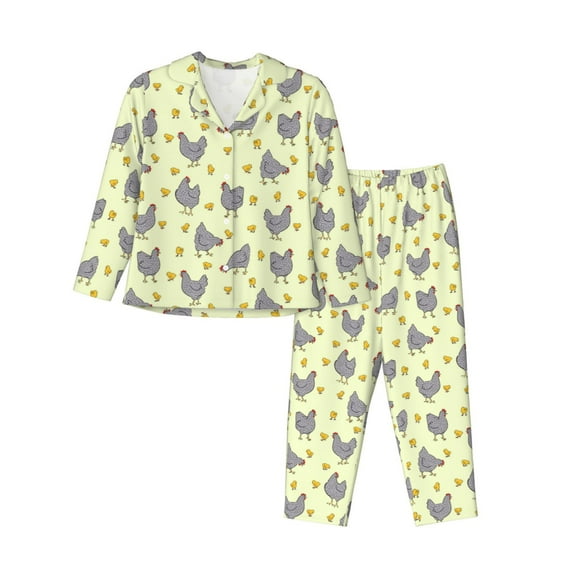 Haiem Funny Chicken Pattern Women’s Long-sleeve Sleepwear,Sleepwear Set,2-piece Loungewear Set,Soft PJs Comfy Nightwear with Pockets-Large