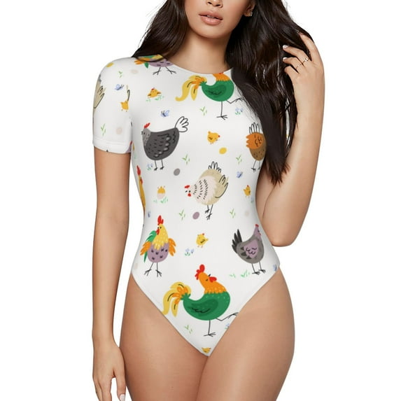 Haiem Funny Chicken Women's Crew Neck Short Sleeve Bodysuit Tops Stretchy Slim Basic-Medium