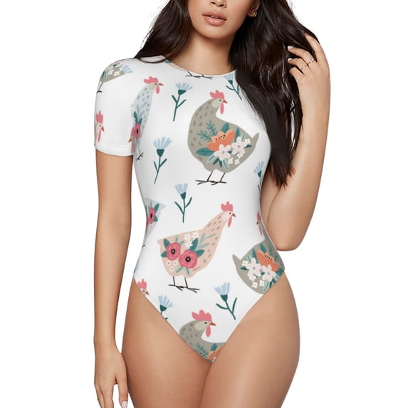 Haiem Funny Chicken Women's Crew Neck Short Sleeve Bodysuit Tops Stretchy Slim Basic-Small