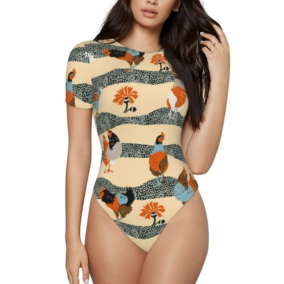 Haiem Funny Chicken Women's Crew Neck Short Sleeve Bodysuit Tops Stretchy Slim Basic-X-Large