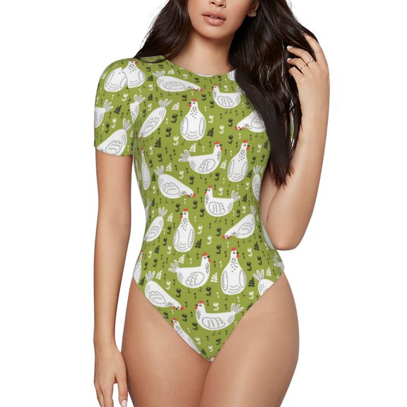 Haiem Funny Chicken Women's Crew Neck Short Sleeve Bodysuit Tops Stretchy Slim Basic-XX-Large