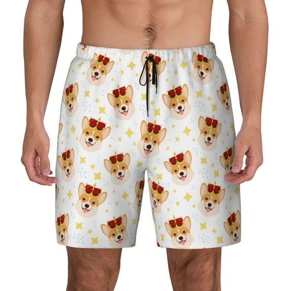 Haiem Funny Corgi Mens Swim Trunks with Compression Liner 2 in 1 Swimming Shorts Stretch Swimwear Quick Dry,Board Shorts-3X-Large