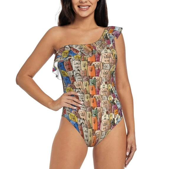 Haiem Funny Dogs Family Women's One Piece Swimsuits Tummy Control One Shoulder Bathing Suits Ruffle Swimwear-Medium