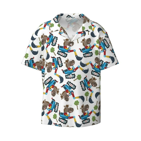Haiem Funny Excavator Men's Casual Shirts Short Sleeve Button Down Shirts Fashion Textured Summer Beach Shirt-Medium