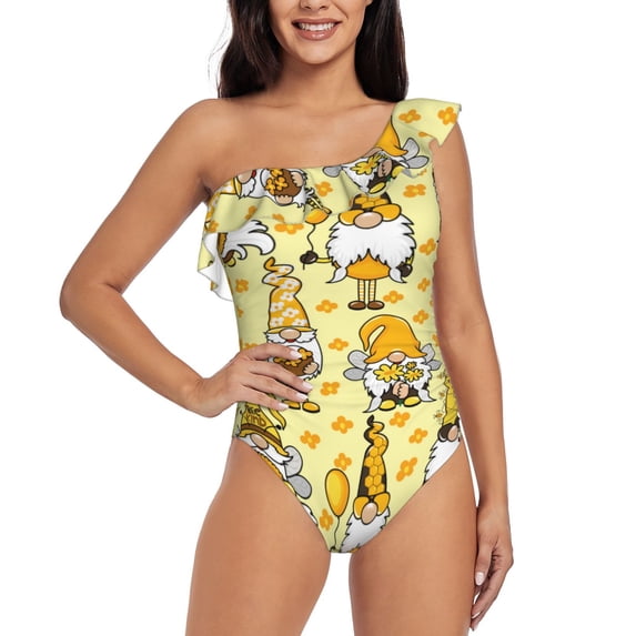 Haiem Garden Honeybee Gnomes Women's One Piece Swimsuits Tummy Control One Shoulder Bathing Suits Ruffle Swimwear-Medium