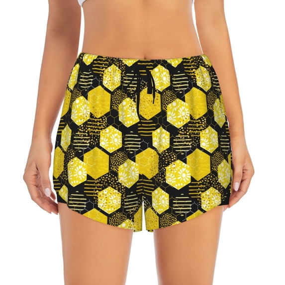 Haiem Geometric Pattern with Bee Women's 2 in 1 Running Shorts - Lightweight Athletic Workout Gym Yoga Breathable Sports Shorts Liner with Phone Pockets-X-Large