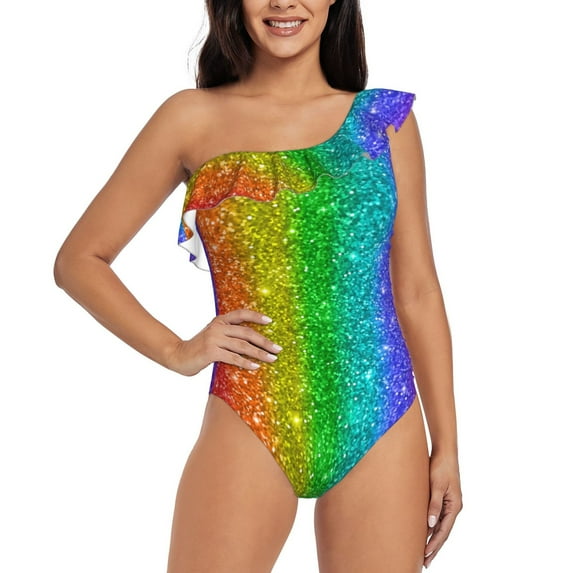 Haiem Glitter Rainbow Women's One Piece Swimsuits Tummy Control One Shoulder Bathing Suits Ruffle Swimwear-Medium