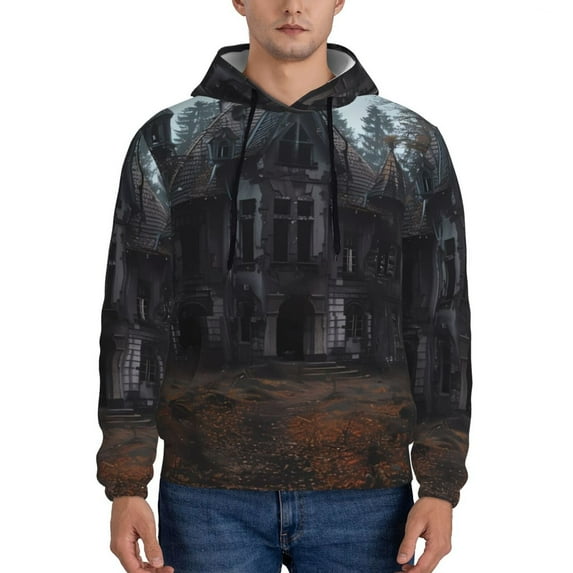 Haiem Gloomy Mansion Forest Scene Patterned Men's Hoodie with Kangaroo Pocket - Ideal Pullover Sweatshirt for Daily Wear, Travel, and Home-Large