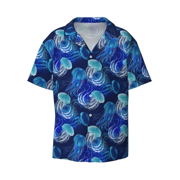 Haiem Glowing Jellyfish Pattern Men's Casual Shirts Short Sleeve Button Down Shirts Fashion Textured Summer Beach Shirt-X-Large