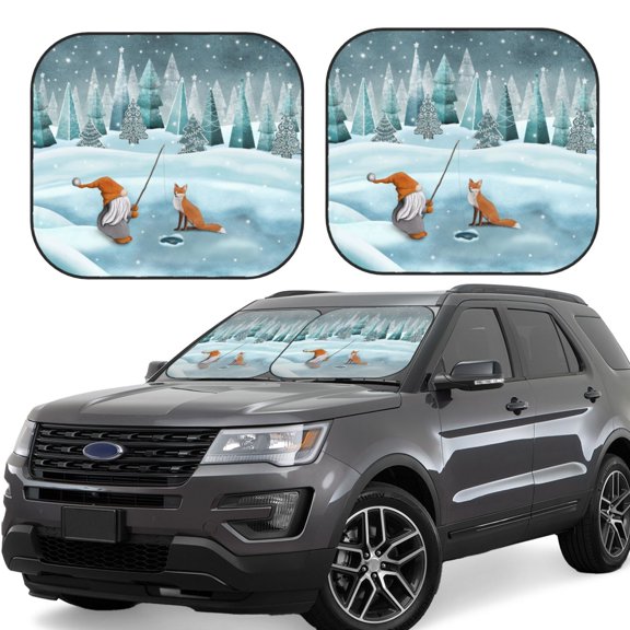 Haiem Gnome And Red Fox Fishing Car Windshield Sun Shade (2 Pieces) Foldable Windshield Sun Shade Car Accessories for Truck SUV Pickup-Medium