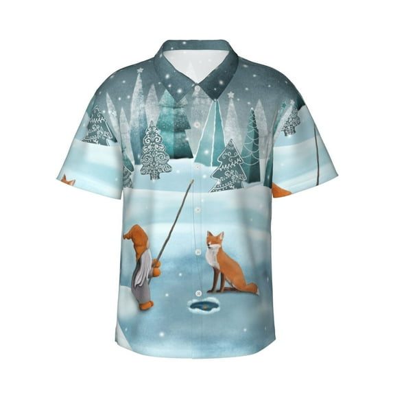 Haiem Gnome And Red Fox Fishing Printed Hawaiian Shirt for Men - Men’s Casual Beach Summer Shirts - Stretch Fabric with Modern Fit-Medium