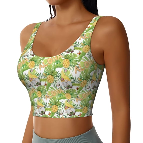 Haiem Gnome and Pineapple Pattern Womens Sports Bra - U Neck Padded Low Impact Yoga Bra Workout Crop Top Gym Moisture-Wicking Workout Vest -XX-Large
