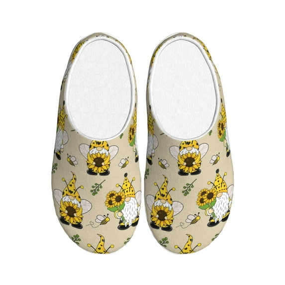 Haiem Gnomes Bees And Sunflowers Print Women's Fuzzy Memory Foam House Slipper Cozy Home Footwear Non-slip Winter Slippers-44/45