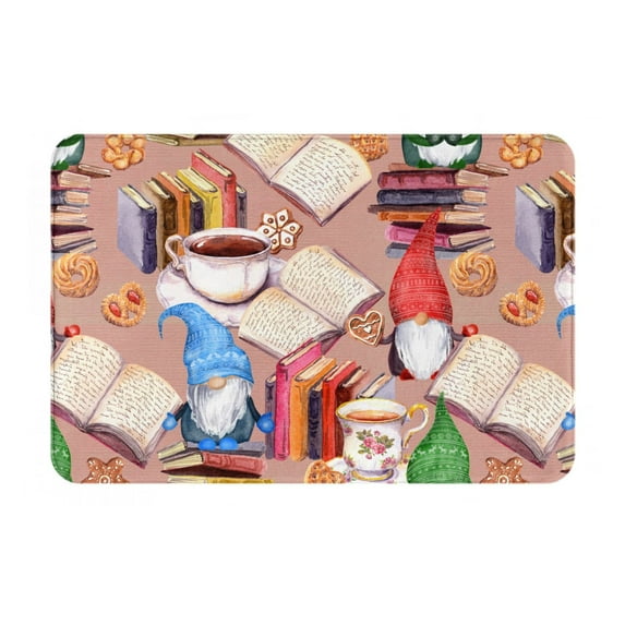 Haiem Gnomes Books Tea Cups Front Door Mat Indoor Outdoor Entrance, Waterproof All-Season, All-Weather Doormat, Durable Flannel Fabric, Fade Resistant, Low Profile, 16x24in