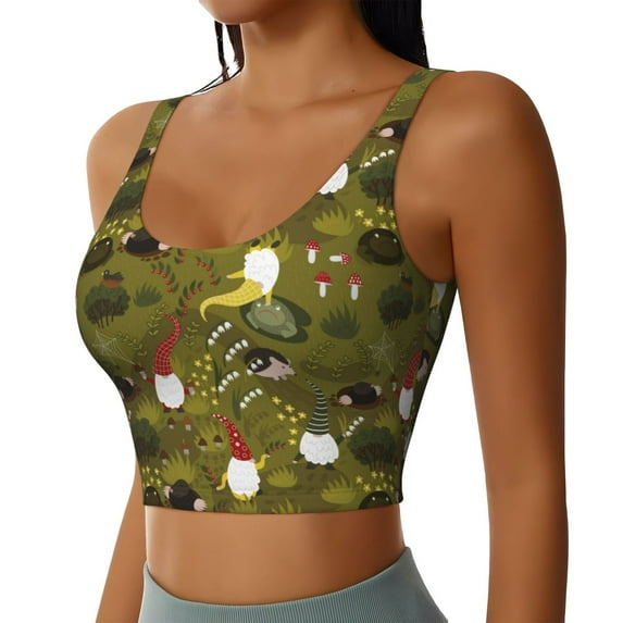 Haiem Gnomes Playing in the Garden Pattern Womens Sports Bra - U Neck Padded Low Impact Yoga Bra Workout Crop Top Gym Moisture-Wicking Workout Vest -Medium