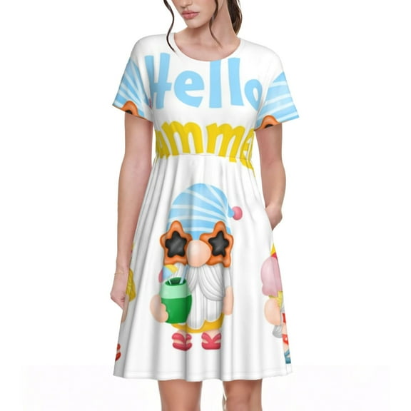 Haiem Gnomes Summer Beach Pattern Women's Short-Sleeve Scoop Neck Swing Dress