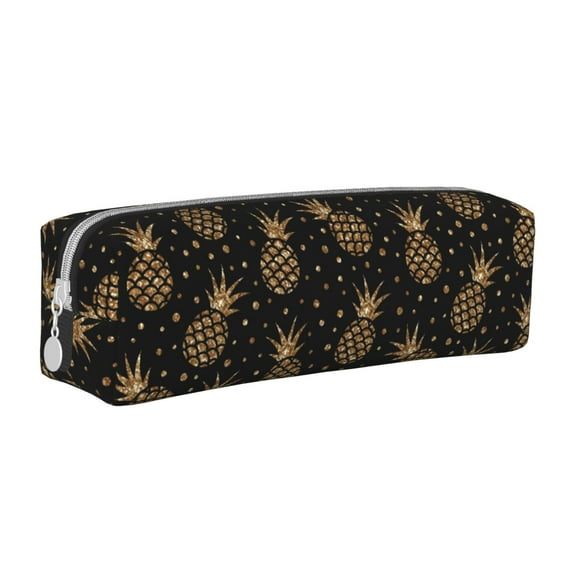 Haiem Gold Glitter Pineapples Print Leather Pencil Case Art Supplies Case Zipper Pencil Pouch Stationery Storage Pencil Bag