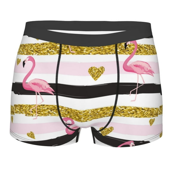 Haiem Gold Glittering Hearts and Flamingos Men's Boxer Briefs, Every Day Comfort Stretch Cotton Moisture-Wicking Underwear-Small